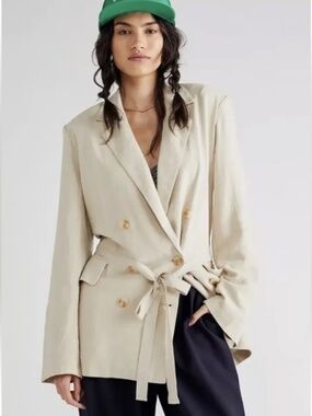 Free People Tan Linen Blend Double-Breasted Blazer XS